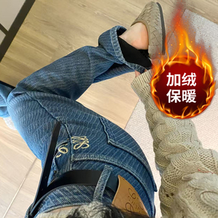 棉裤2025冬季加绒保暖高腰直筒拖地裤美式复古加厚阔腿提花牛仔