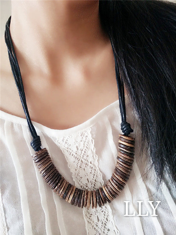 椰壳民族风手工咖啡色编织项链