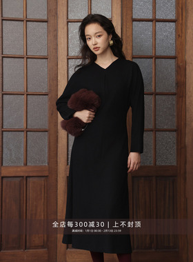 芝美日禾 ROW风及简之境连袖设计感100%全羊毛小黑裙长袖连衣裙