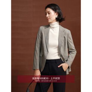 商务翻领西装 芝美日禾 职业正装 全羊毛灰格纹通勤修身 外套女 现货