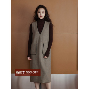 可机洗绵羊皮条双色全羊毛深V棕色无袖 清仓5折 连衣裙 断码