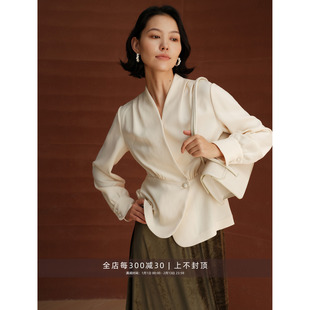 芝美日禾 醋酸双面乱麻法式裹围V领长袖通勤衬衫气质百搭OL上衣