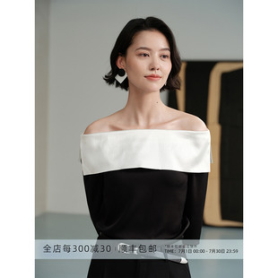 芝美日禾 柔韧对白 日本三醋酸法式斜领气质显瘦黑色真丝上衣女夏