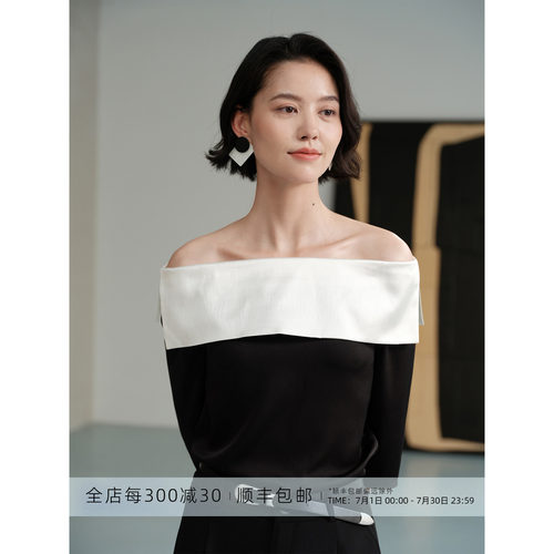 芝美日禾 柔韧对白 日本三醋酸法式斜领气质显瘦黑色真丝上衣女夏