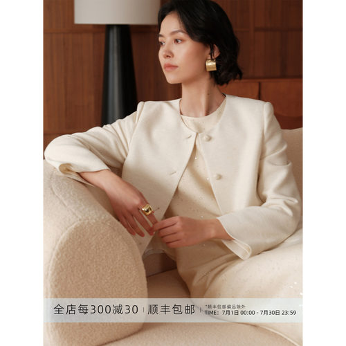 芝美日禾 亚麻棉混纺极简风小香风百搭奶白气质短外套