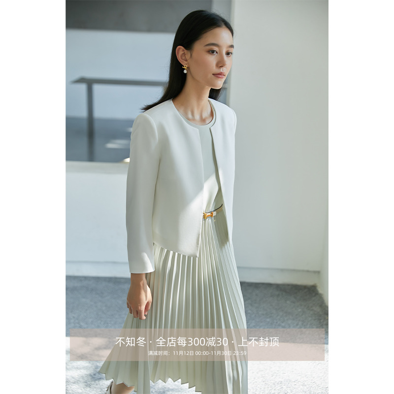 极简圆领醋酸无扣长袖短外套