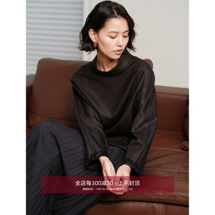 钉珠黑色衬衫 芝美日禾 极简ROW进口桑蚕丝羊毛混纺双层立领连袖
