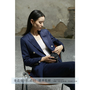 芝美日禾 午夜蓝双排扣西装套装女裤两件套小个子高级气质职业装