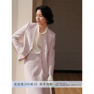 芝美日禾 千金茶会 真丝醋酸绵羊毛V领短外套/半裙小香风气质套装