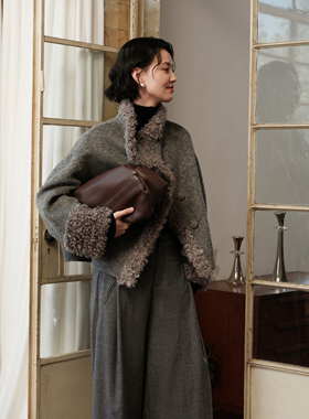 芝美日禾 挪威之冬 泰迪圈圈毛拼山羊绒绵羊毛秋冬灰色双面呢外套