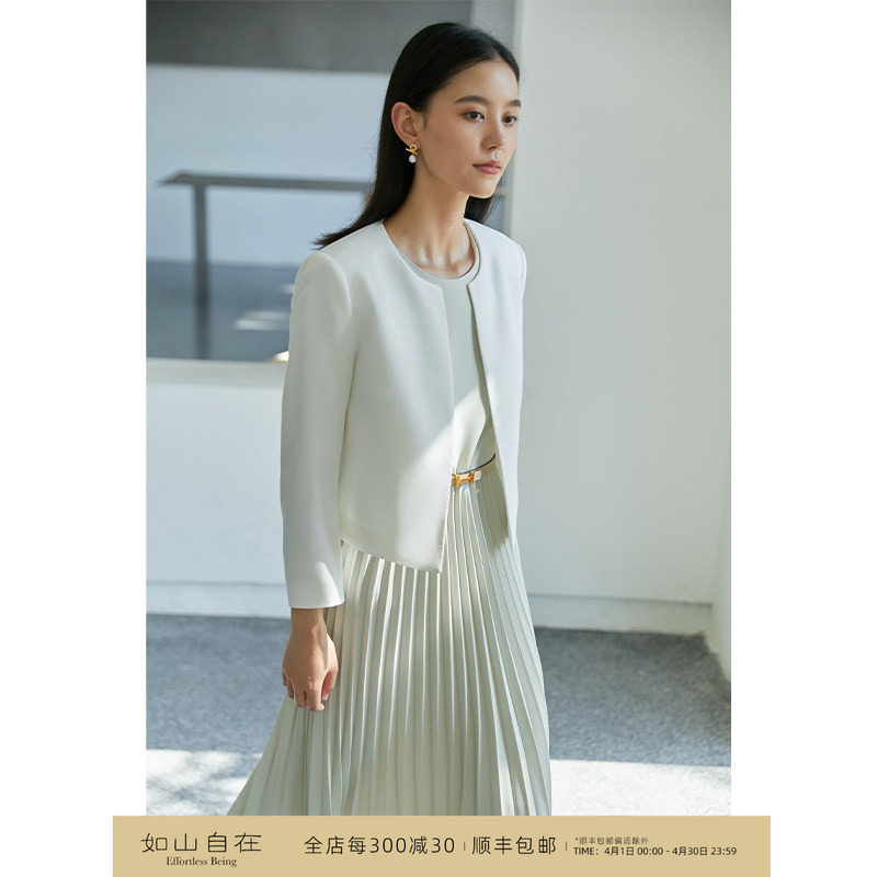 芝美日禾 极简风圆领无扣醋酸小西装女白色短款小个子外套