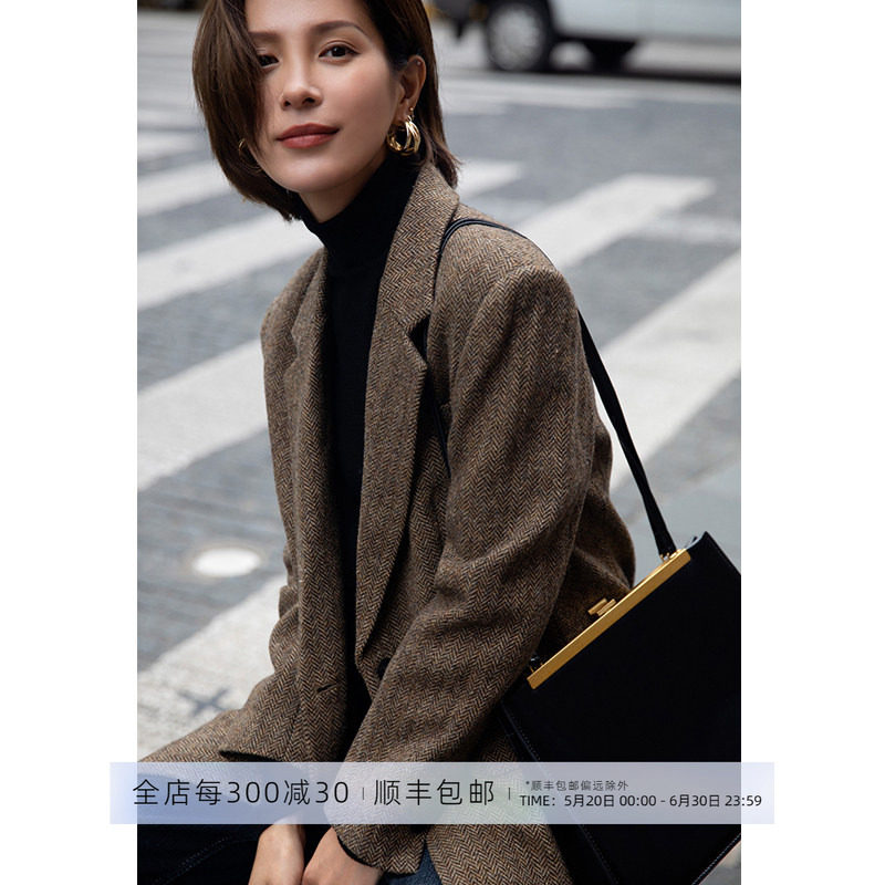 芝美日禾 人字纹羊毛呢厚西装外套女宽松职业休闲高级感复古英伦