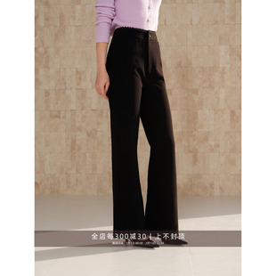 芝美日禾 黑胶漫步 重工蕾丝花边腰弹力超模微喇裤黑色显瘦长裤