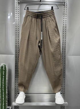 夏季薄款凉感休闲裤男冰丝垂感哈伦裤2024新款炸街修身九分长裤男