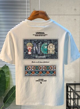 白色T恤男士夏季纯棉百搭短袖潮牌新款像素卡通印花半袖圆领上衣