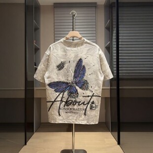 夏季新款男士刺绣t恤潮牌彩绘蝴蝶印花短袖痞帅时尚百搭透气上衣