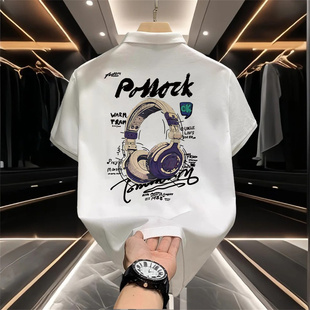 polo衫 短袖 个性 印花ins翻领半袖 百搭休闲T恤上衣 男士 修身 夏季