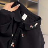 半袖 黑色花卉刺绣polo衫 夏季 痞帅高级感t恤翻领百搭美式 短袖 男士