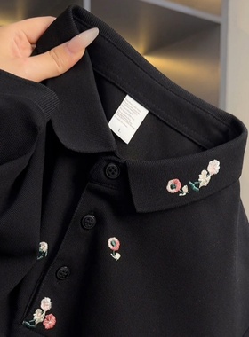 黑色花卉刺绣polo衫短袖男士夏季痞帅高级感t恤翻领百搭美式半袖