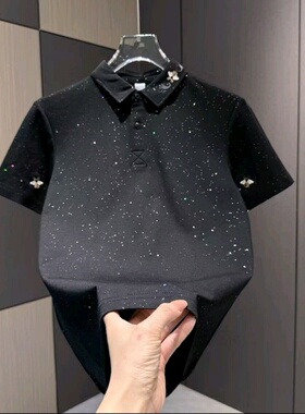 夏季新款男士polo衫时尚潮流休闲短袖男满天星刺绣设计翻领t恤男