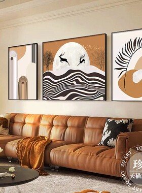 简约现代福鹿客厅装饰画画抽象橙色线线条壁画画三联组合沙发背景