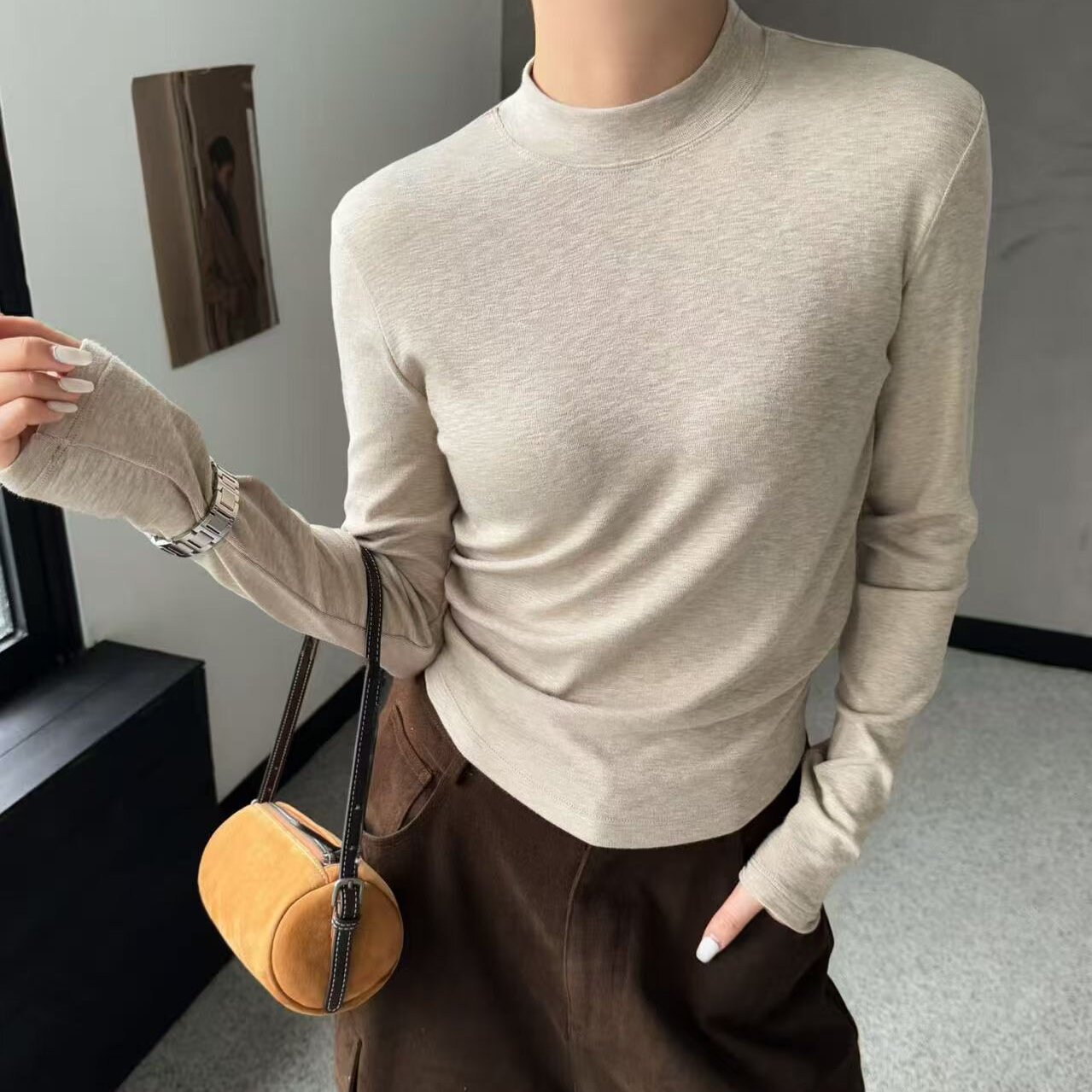 新款半高领长袖打底衫女短款