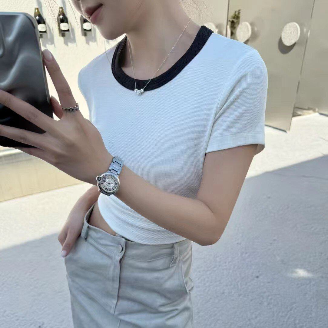 三可螺纹撞色圆领短袖T恤女修身百搭显瘦上衣T恤,女装/女士精品,T恤,淘宝优惠券,粉丝福利购,淘宝优惠卷