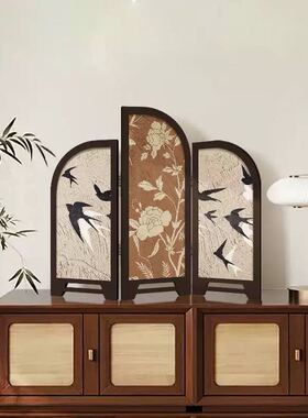 中式实木花鸟三扇折叠屏风摆件