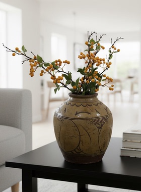 复古陶瓷花瓶橙色小花客厅茶几装饰摆件家居工艺品