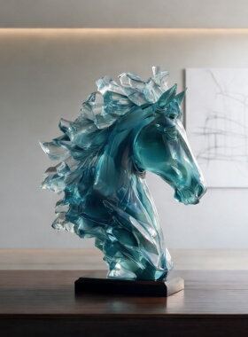现代轻奢蓝色琉璃马摆件
