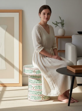 亚麻V领文艺复古显瘦连衣裙