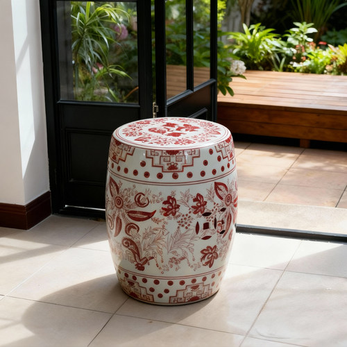 中式红白花鸟陶瓷鼓墩客厅庭院