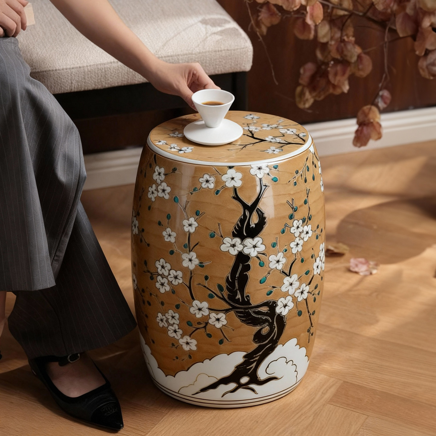 新中式梅花陶瓷鼓墩绣墩客厅茶室坐墩花鸟图案储物凳