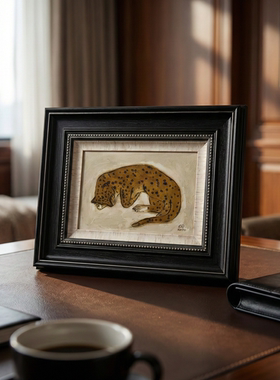 复古豹纹油画实木相框客厅摆件