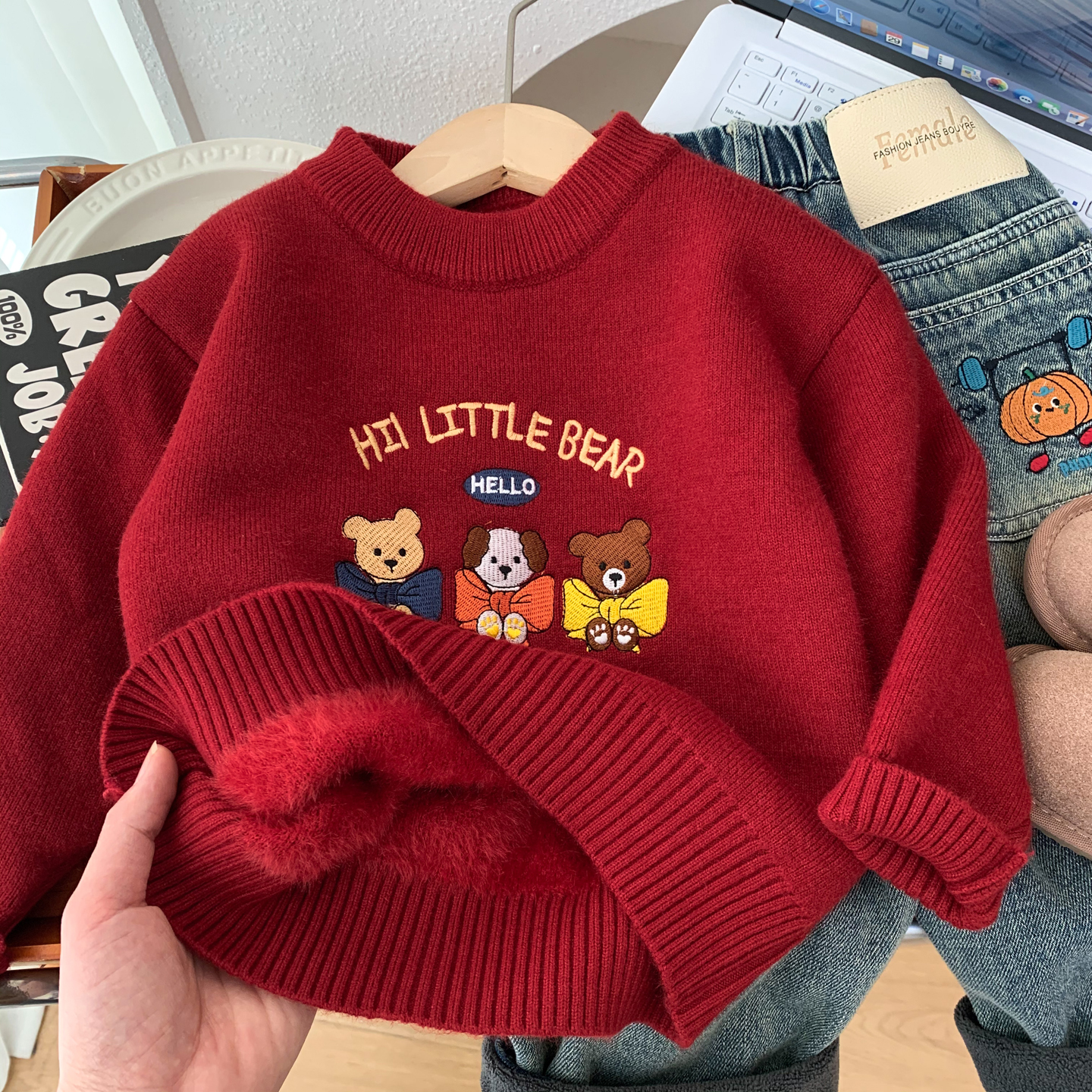 儿童加绒毛衣打底衫新年红色上衣