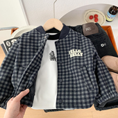 男童秋冬加绒外套2025新款 帅气男孩呢子上衣潮 儿童洋气格子夹克衫