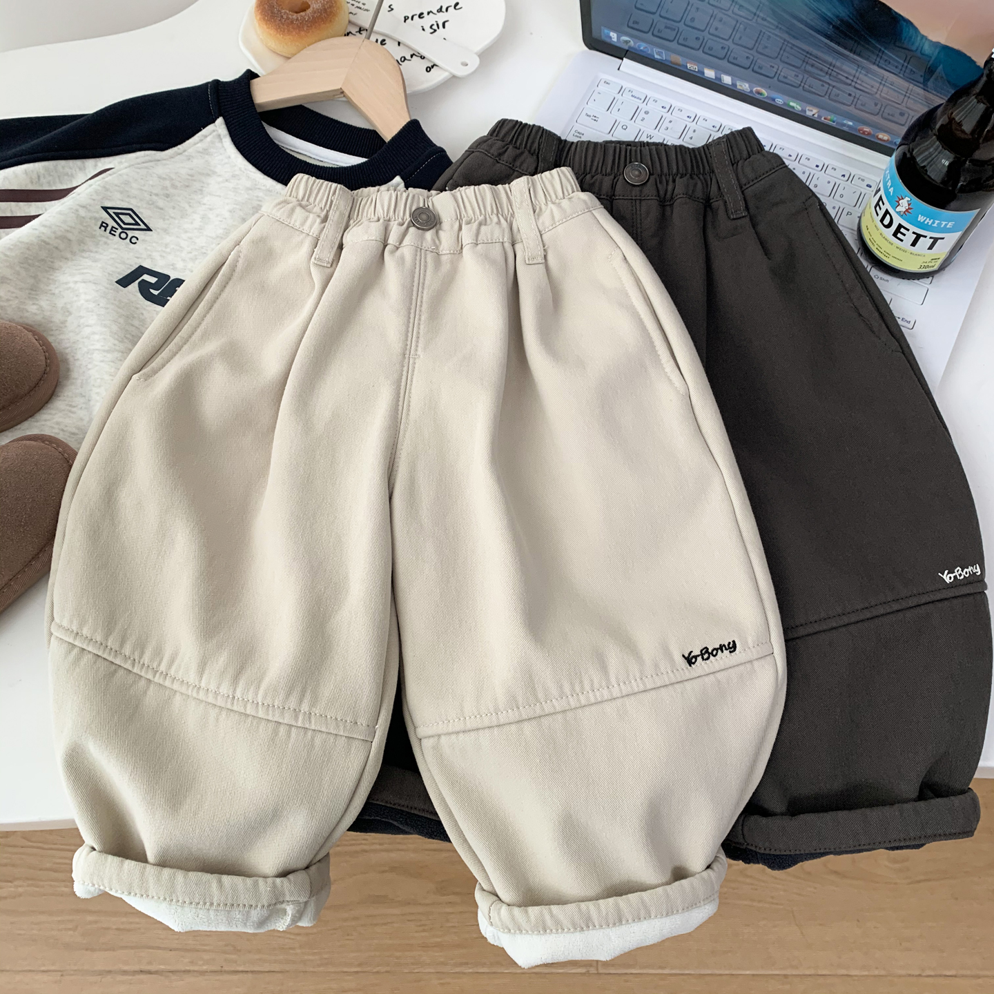 男童秋冬加绒休闲弯刀裤纯棉裤子