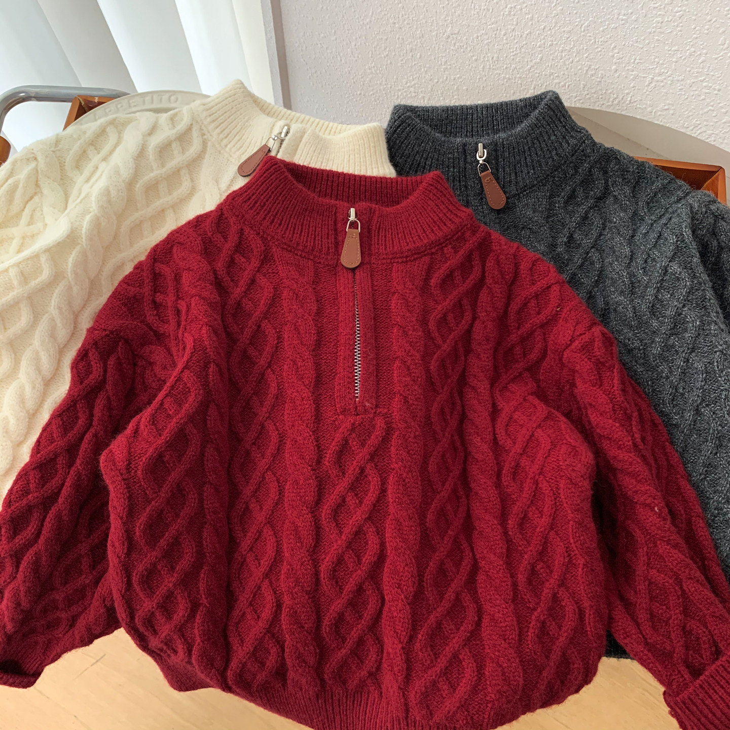 男童红色毛衣2025秋冬新款儿童麻花半拉链针织衫男孩时尚毛线衣潮