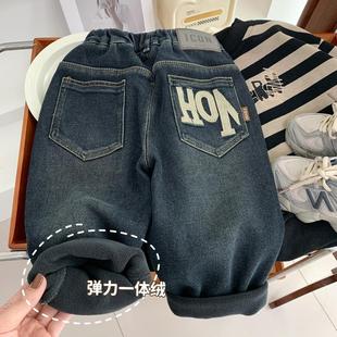 冬季 中小童弹力裤 时尚 2025新款 子 男孩潮范老爹裤 男童加绒软牛仔裤