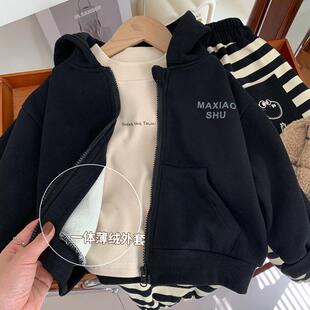 男童一体绒外套秋冬装儿童洋气拉链连帽衫中小童休闲宽松上衣百搭
