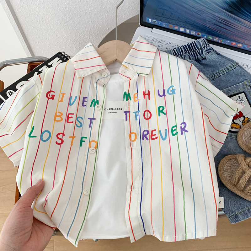 男童短袖衬衫夏季薄款衬衣中小儿童洋气字母上衣时尚彩色条纹半袖