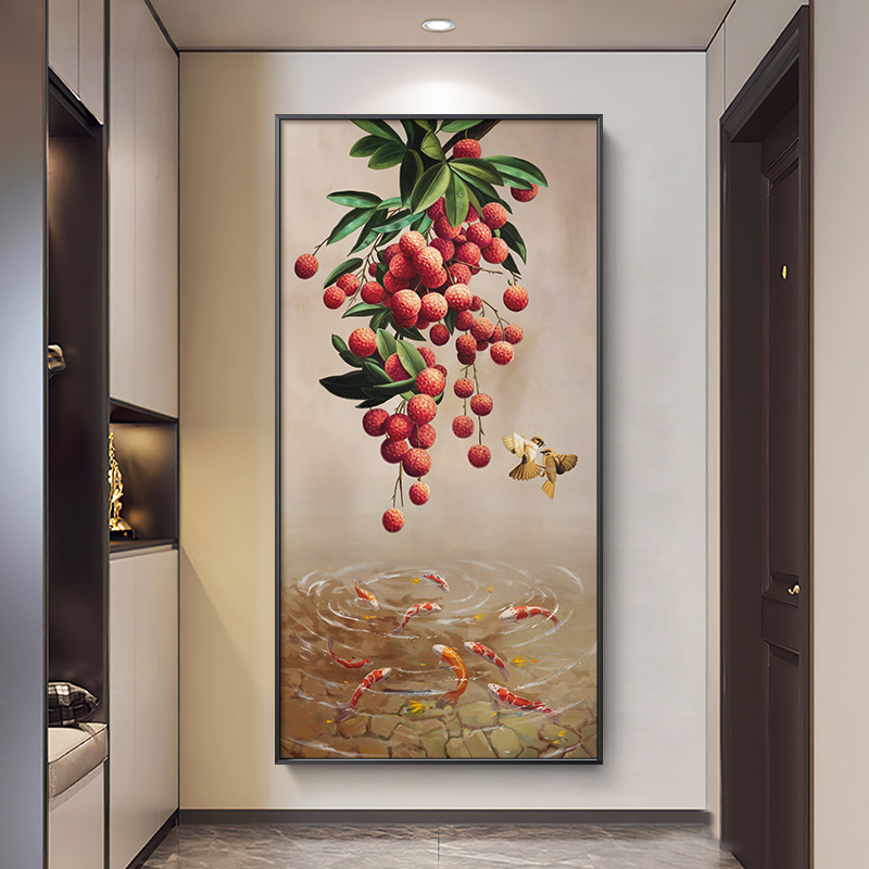 荔枝九鱼图玄关装饰画新中式入户进门正对墙挂画走廊过道轻奢高档