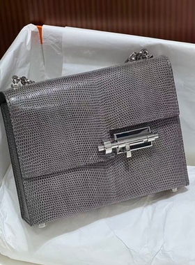 原厂蜥蜴皮手枪包插稍包Verrou 小号灰色银扣女士迷你手工链条包