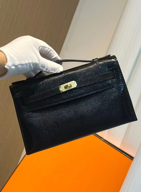 进口蜥蜴皮mini凯莉一代22CM女士手拿包宴会小包包黑色全手工缝