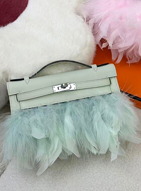 swift皮气泡绿羽毛包凯莉一代纯手工女士手拿包晚宴包高端定制粉