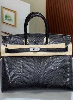 进口蜥蜴皮BK铂金包25CM全手工女包外缝女士手提包黑色银扣稀有皮