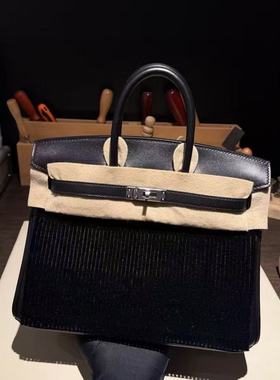 灯芯绒布拼BOX皮女士手提包纯手工内缝黑色银扣秋冬新款女包时尚