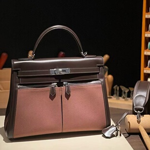 Lakis32凯莉包BOX皮拼帆布女士手提包手工女包乌木色银扣大号普皮