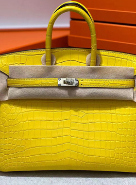 黄色哑光尼罗鳄鱼皮BK铂金包25CM女士手提包全手工内缝女包定制