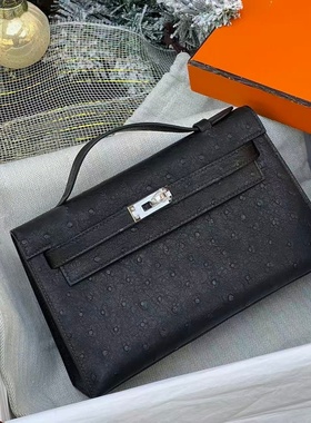 黑色银扣鸵鸟皮迷你mini凯莉一代女士手拿包晚宴包手工缝高端定制